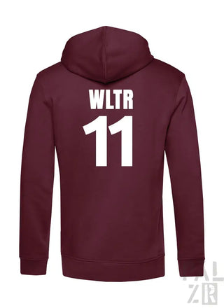 Bordeauxfarbene Hoodie mit weißem „wltr 11“-Design auf dem Rücken, aus einer Baumwoll- und Polyestermischung.