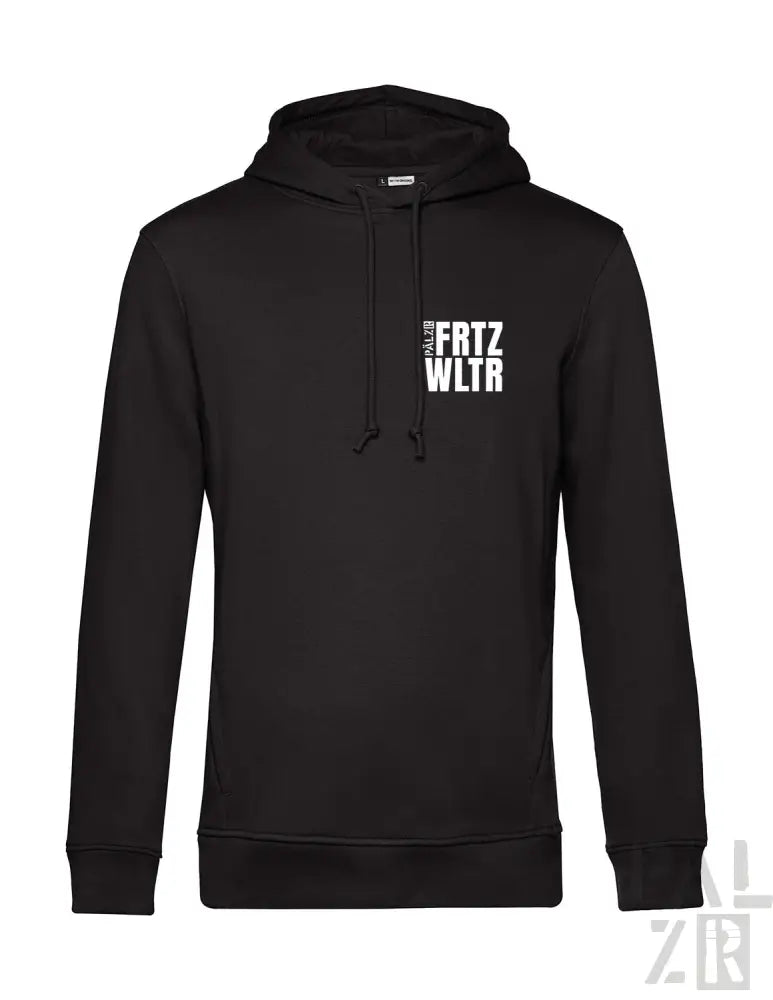 Schwarzer Hoodie mit weißem Text und Logo-Design, mit Kapuzenkragen.