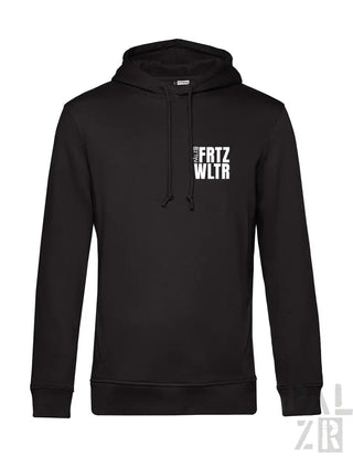 Schwarzer Hoodie mit weißem Text und Logo-Design, mit Kapuzenkragen.