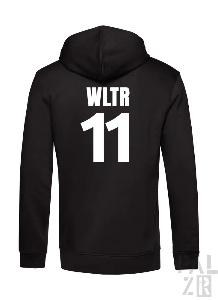 Schwarze Hoodie mit ’wltr 11’’-Design auf dem Rücken, hergestellt aus einer Baumwolle- und Polyestermischung.