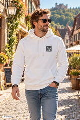 Weißer pal zib hoodie mit schwarzem quadratischem logo auf der brust aus der männer backprint kollektion