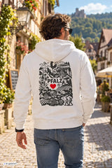 Weißes männer hoodie mit schwarzem pfalz region detailreicher grafik auf der rückseite in verschiedenen farben