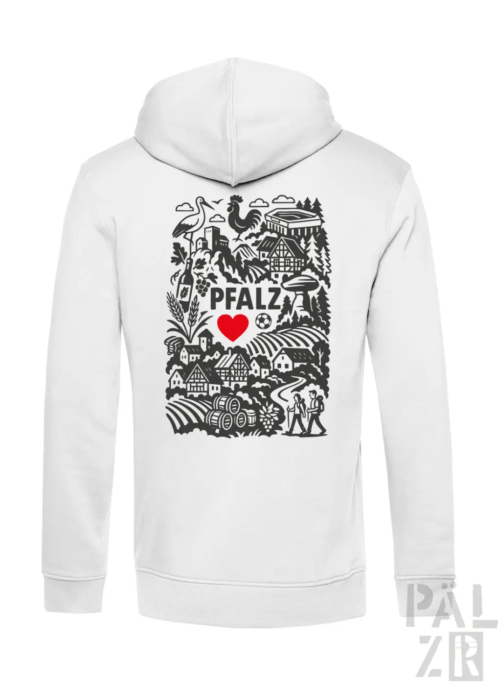 Weißer zip-up hoodie für männer mit schwarzem weißem illustrativem print auf der rückseite pfalz motiv mit rotem herz