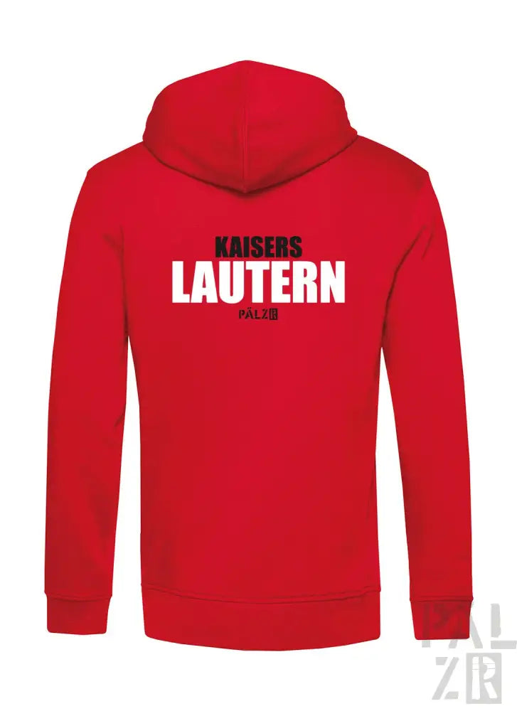 Roter Hoodie mit Text ’kaisers lautern’ und Kapuze, wahrscheinlich aus Baumwolle oder Polyester-Mischung gefertigt.