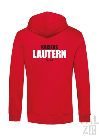 Roter Hoodie mit Text ’kaisers lautern’ und Kapuze, wahrscheinlich aus Baumwolle oder Polyester-Mischung gefertigt.