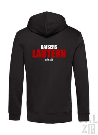 Schwarzes Hoodie mit rotem Text ’kaiserslautern’ und Logo.