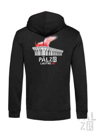 Schwarze Kapuzenjacke mit Grafikdesign, das ein stilisiertes Vogelmotiv und architektonische Elemente zeigt, wahrscheinlich aus Baumwolle oder Polyester-Mischung gefertigt.