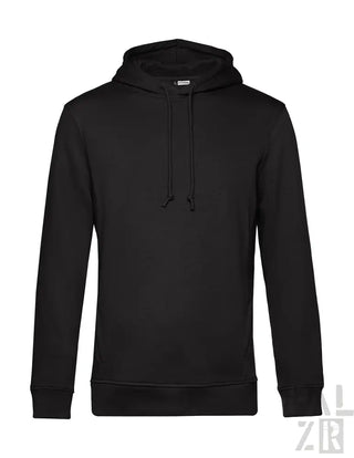 Schwarze Kapuzenjacke mit Kordelkapuze und gerippten Bündchen, aus Baumwolle gefertigt.