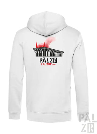 Weißes Hoodie mit schwarz-rotem Design, das die Silhouette eines Gebäudes zeigt.