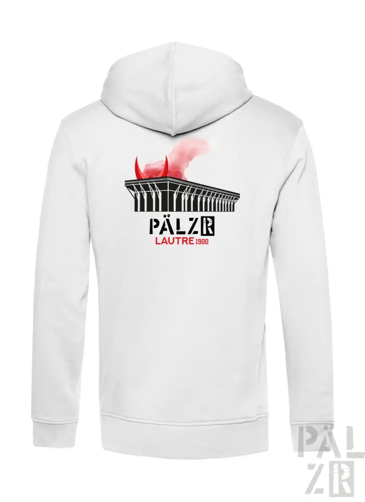 Weiße Hoodie mit schwarz-roten Design, das die Silhouette eines Gebäudes zeigt.