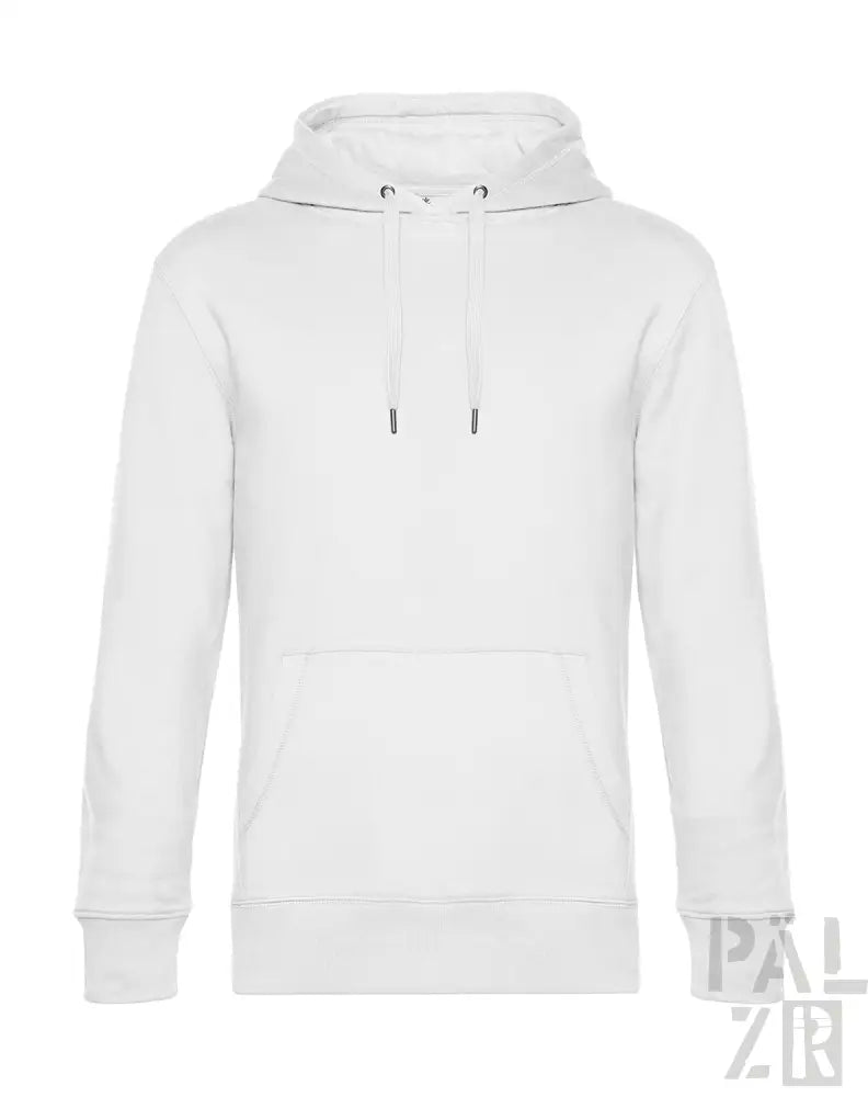 Weiße Kapuzenjacke mit Kordelkapuze und Vordertasche, aus Fleece-Material gefertigt.