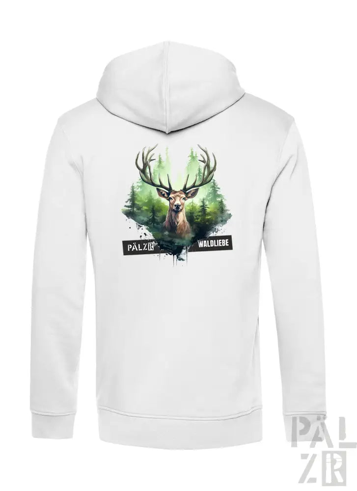 Weiße Kapuzenjacke mit Hirsch-Design und Text „palzer“ auf dem Rücken.