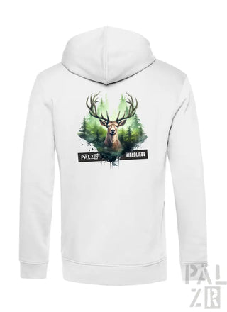 Weiße Kapuzenjacke mit Hirsch-Design und Text „palzer“ auf dem Rücken.
