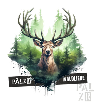 Elch-T-Shirt mit Wald-Design und Text „pälzir waldliebe“ in Schwarz auf grünem Hintergrund.