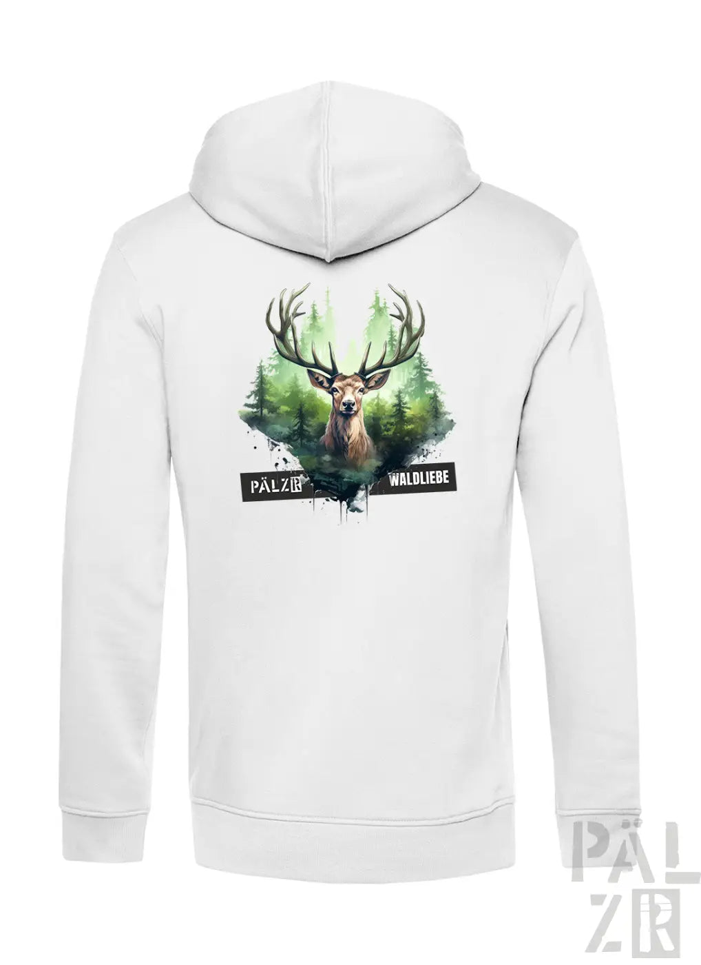 Weiße Kapuzenjacke mit Hirsch-Design und Text „palzer“ auf dem Rücken.