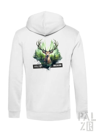 Weiße Kapuzenjacke mit Hirsch-Design und Text „palzer“ auf dem Rücken.