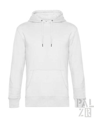Weiße Kapuzenjacke mit Kordelkapuze und Vordertasche, aus Fleece-Material gefertigt.