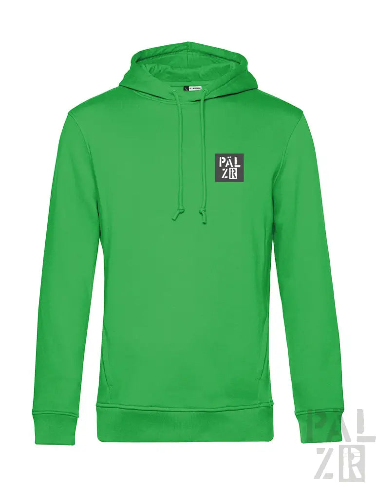 Grüner Hoodie mit ’palz’-Logo auf der Brust, aus Fleece-Material gefertigt.