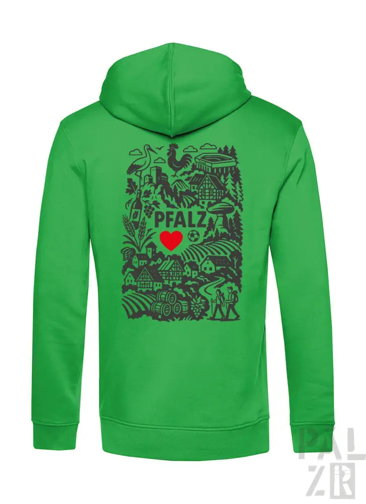 Grüner Hoodie mit schwarz-roten Design-Elementen, das den Text ’pfalz’, ein Herzsymbol und verschiedene Illustrationen enthält.