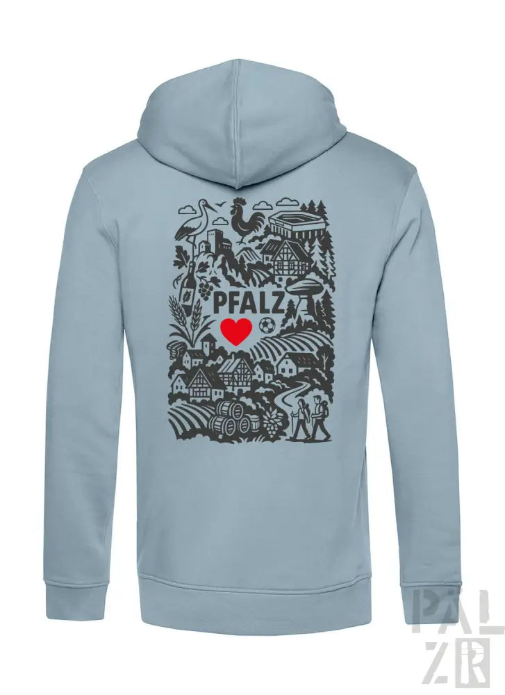 Hellblaues Hoodie mit schwarz-roter Gestaltung, die den Text ’pfalz’ und ein Herzsymbol zeigt.