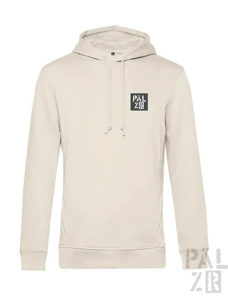 Cremeweißer Hoodie mit schwarzem quadratischem Logo und Kordelkapuze.