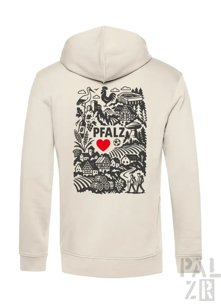 Cremeweißer Hoodie mit schwarzem und rotem Design, das den Text ’pfalz’ enthält.