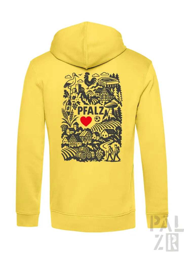 Gelbes Hoodie mit schwarzem ’Pfalz’-Design und Herzsymbol.