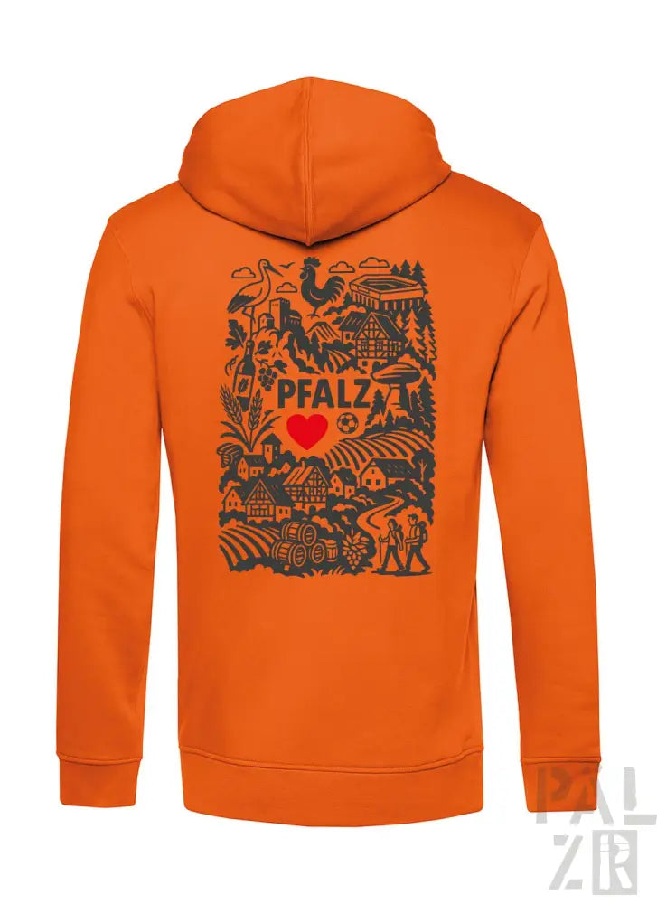 Orange Kapuzenpullover mit schwarzem Grafikdesign, das ’pfalz’ und Herzsymbol zeigt.