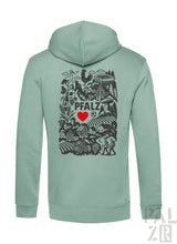 Mintgrüner Hoodie mit schwarz-roter Gestaltung, die den Text ’pfalz’, ein Herzsymbol und verschiedene Illustrationen umfasst.