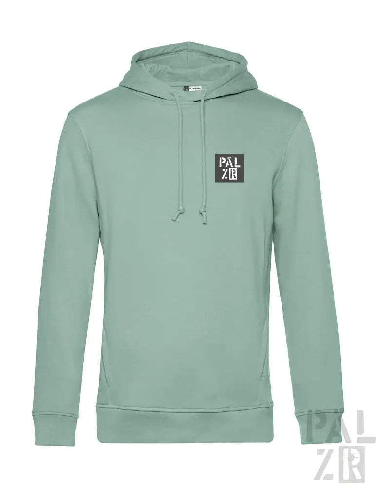 Minzgrüner Hoodie mit schwarzem Logo und Kordelkapuze, aus weichem Baumwollstoff.