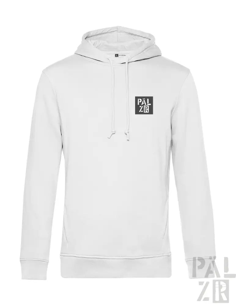 Weiße Kapuzenjacke mit schwarzem Logo und Kordelkapuze.