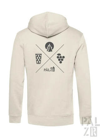 Creme-farbene Hoodie mit schwarzem Grafikdesign, das einen Baum, ein Glas Bier und Trauben zeigt.