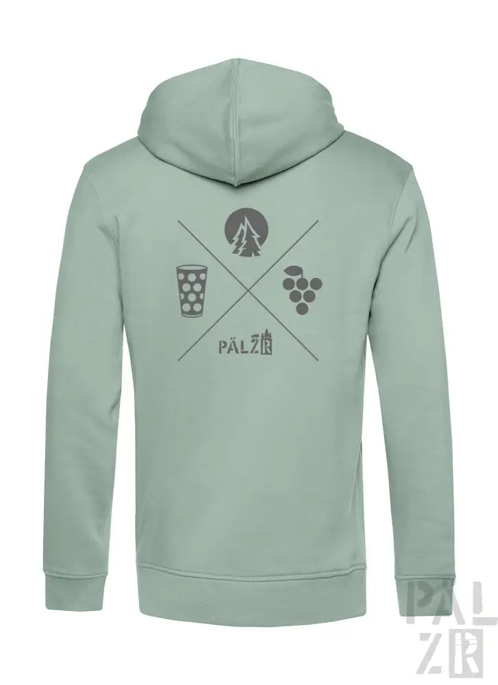 Minzgrüner Hoodie mit Bierglas- und Trauben-Design, pälzö-Logo auf der Rückseite.