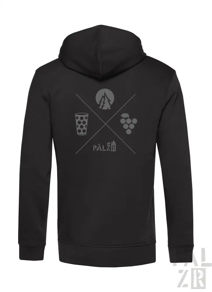 Schwarze Kapuzenjacke mit Reißverschluss und Grafikdesign mit Bierglas-, Trauben- und Campingzelt-Logos.