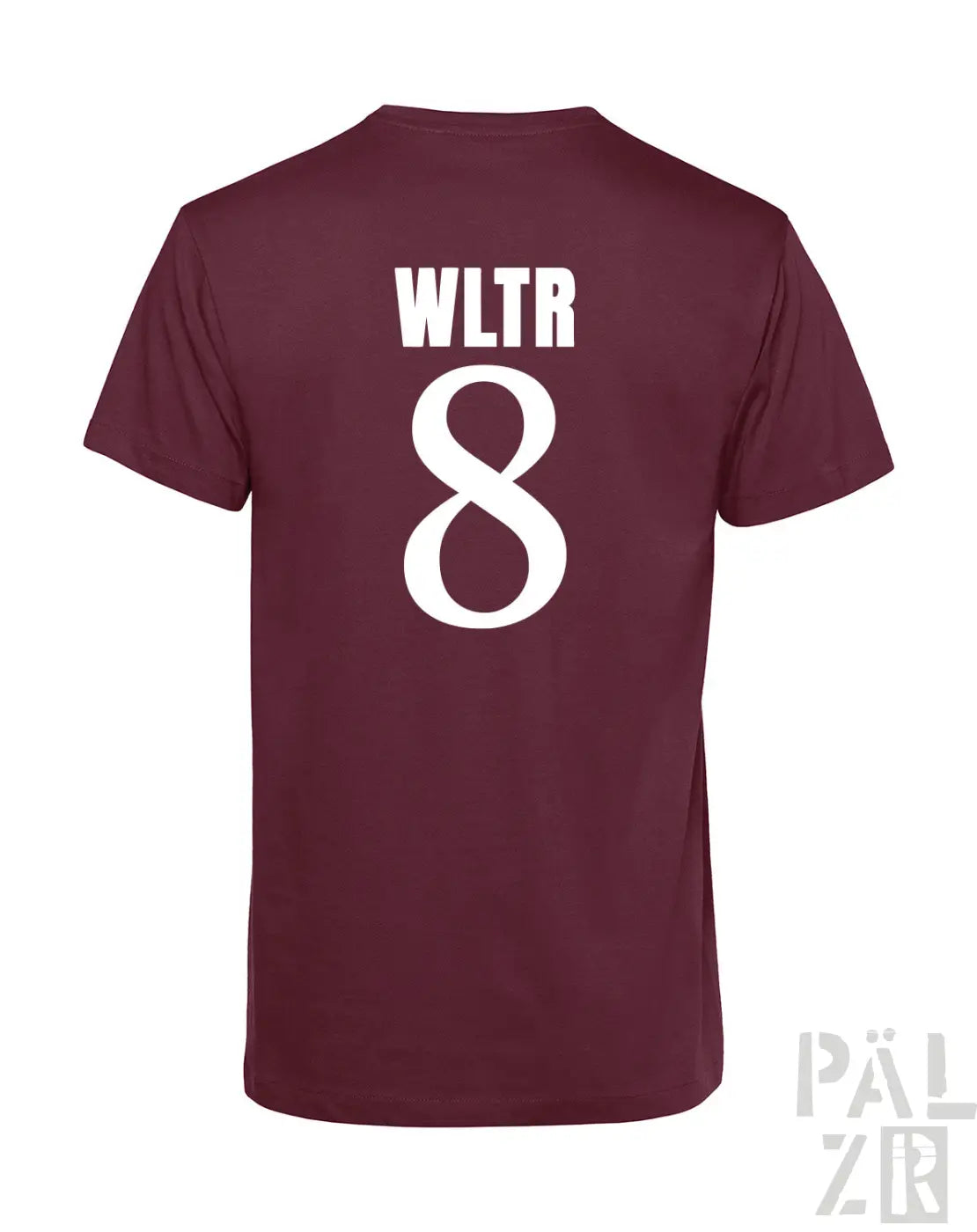 Bordeauxfarbenes T-Shirt mit weißem Text- und Nummerndesign, das ’wltr 8’’ auf dem Rücken zeigt.
