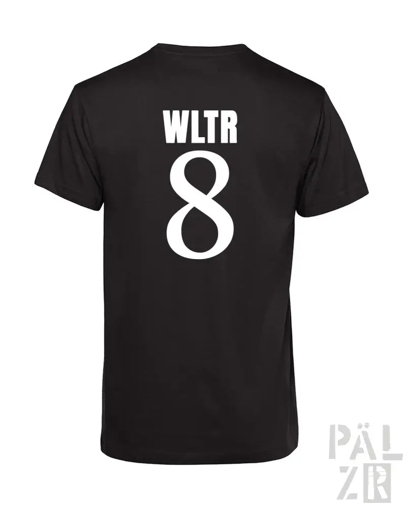 Schwarzes T-Shirt mit weißem „wltr 8“-Design auf der Rückseite.