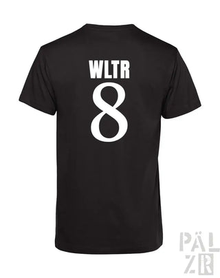 Schwarzes T-Shirt mit weißem „wltr 8“-Design auf der Rückseite.