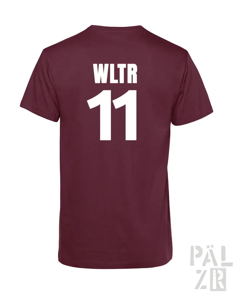 Bordeaux-Farbenes T-Shirt mit weißem Text- und Zahlen-Design, mit „wltr 11“ auf der Rückseite.