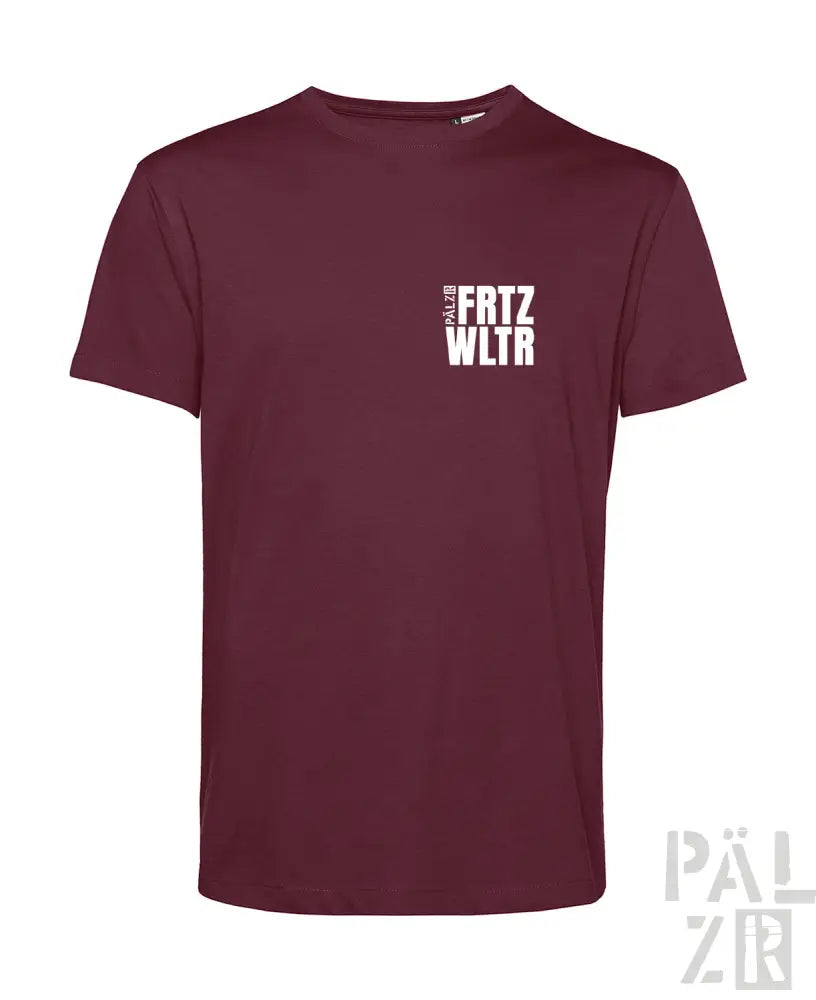 Bordeaux-Farbenes T-Shirt mit ’frtz wltr’ Textdesign auf der Brust, aus Baumwolle gefertigt.