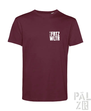 Bordeaux-Farbenes T-Shirt mit ’frtz wltr’ Textdesign auf der Brust, aus Baumwolle gefertigt.