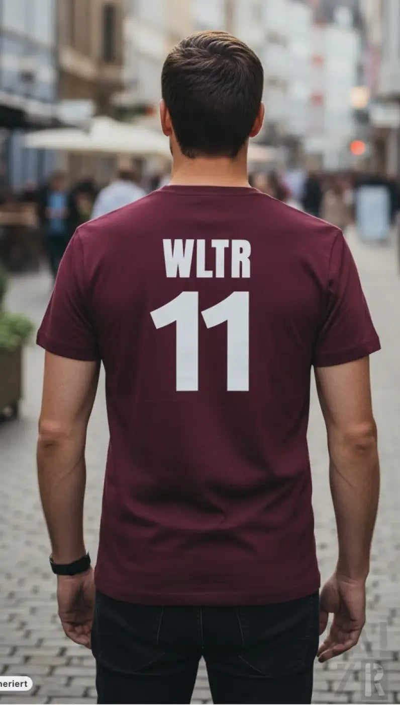 Burgundy männer backprint t shirt mit weißem wltr 11 print auf der rückseite aus baumwolle