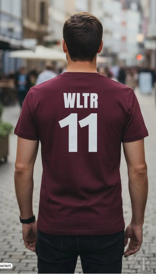 Burgundy männer backprint t shirt mit weißem wltr 11 print auf der rückseite aus baumwolle