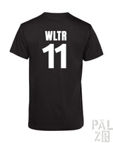Schwarzes männer backprint t-shirt aus baumwolle mit weißem wltr 11 aufdruck auf der rückseite in burgundfarben