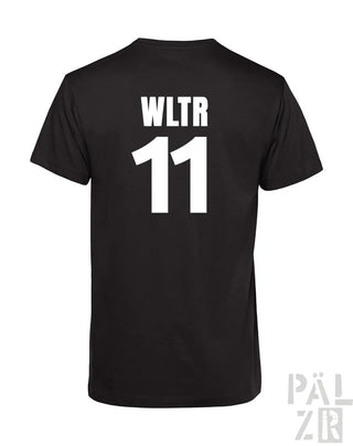 Schwarzes männer backprint t-shirt aus baumwolle mit weißem wltr 11 aufdruck auf der rückseite in burgundfarben