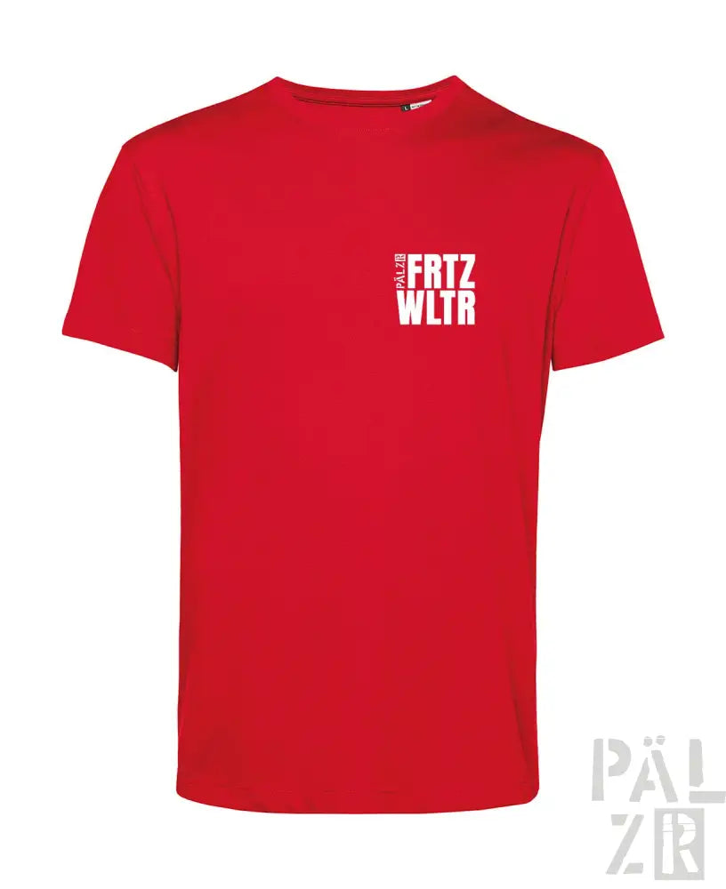 Rotes Baumwoll-T-Shirt mit ’fatz wltr’ Textdesign.