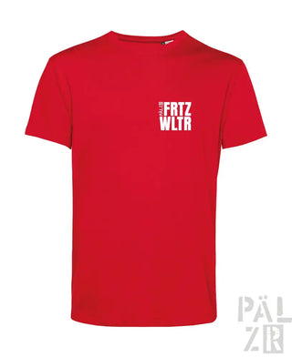 Rotes Baumwoll-T-Shirt mit ’fatz wltr’ Textdesign.