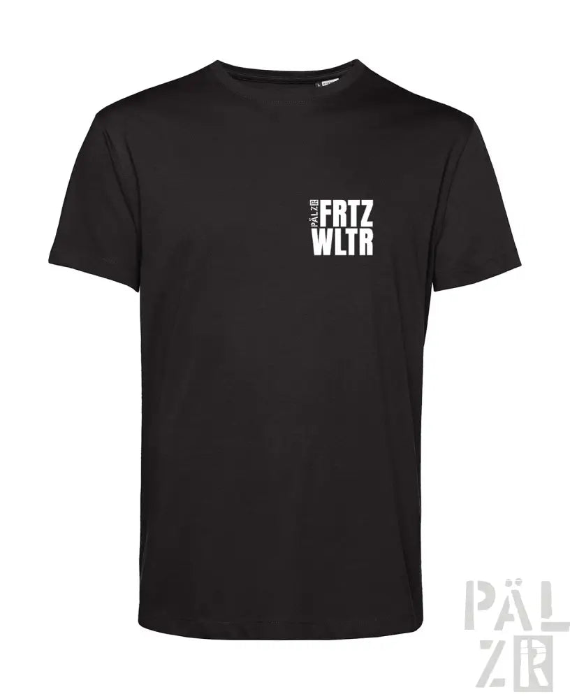 Schwarzes Baumwoll-T-Shirt mit weißem Textdesign.