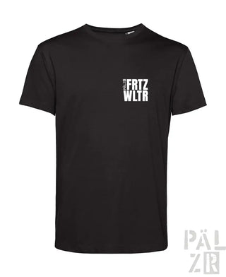 Schwarzes Baumwoll-T-Shirt mit weißem Textdesign.