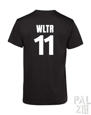 Schwarzes T-Shirt mit ’wltr 11’’-Design auf dem Rücken, aus Baumwolle.