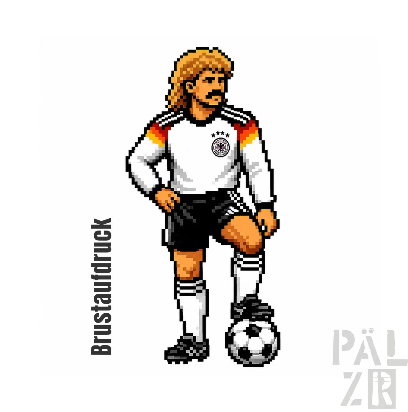 Pixelierte rückansicht eines deutschen fußballspielers auf einem weißen männer backprint t-shirt mit schwarz roten streifen wm2026